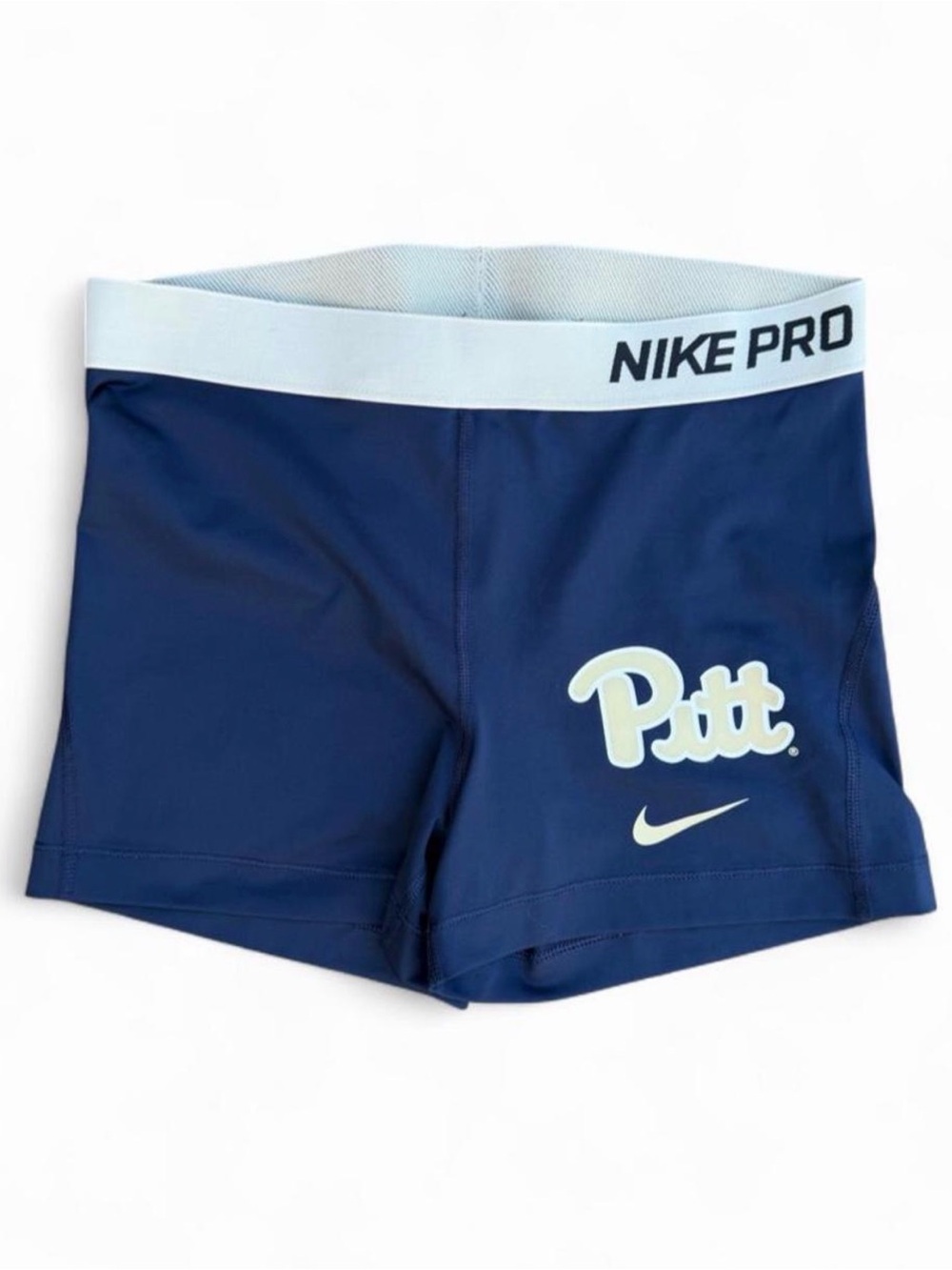 Nike Pro Navy Athletic Shorts with Light Tan Waistband and Pitt Logo